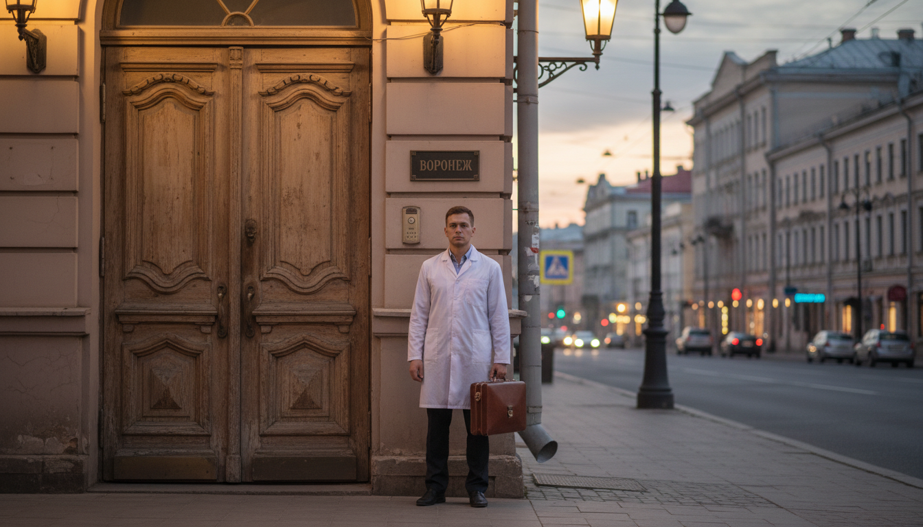 Врач с медицинским чемоданчиком у входной двери жилого дома, вечерний Воронеж