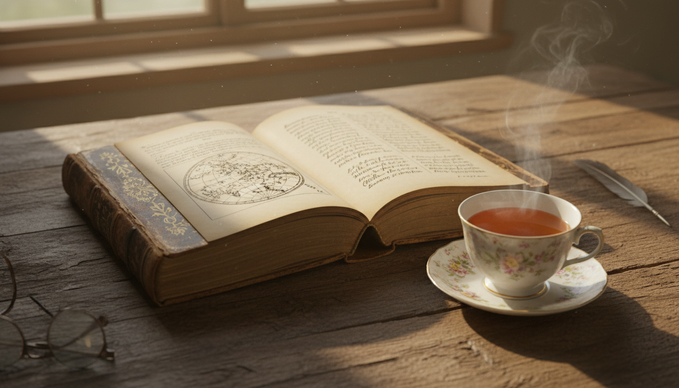 раскрытая старинная книга, чашка чая, утренний мягкий свет на деревянном столе