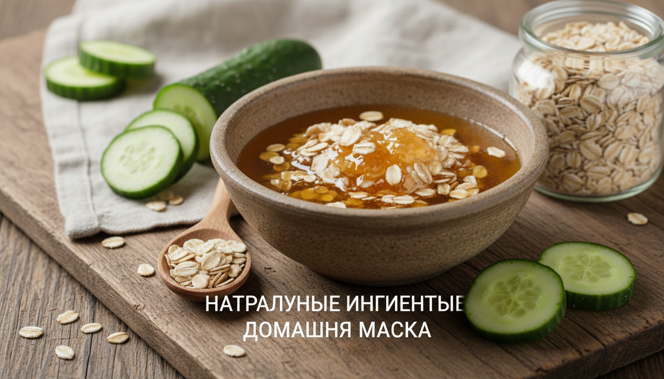 Натуральные ингредиенты для домашней маски — огурец, мёд, овсяные хлопья, мисочка