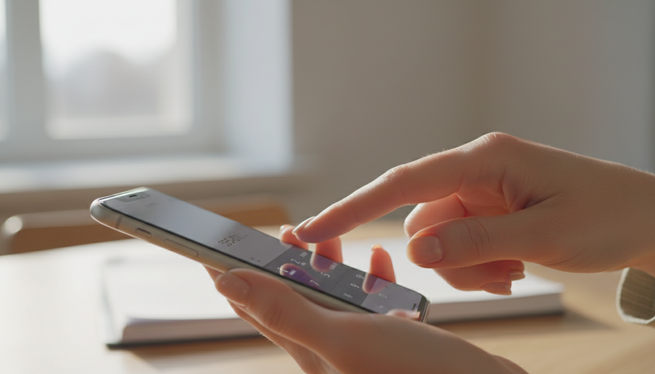 Женская рука набирает номер на телефоне, мягкий дневной свет, ощущение решительного шага