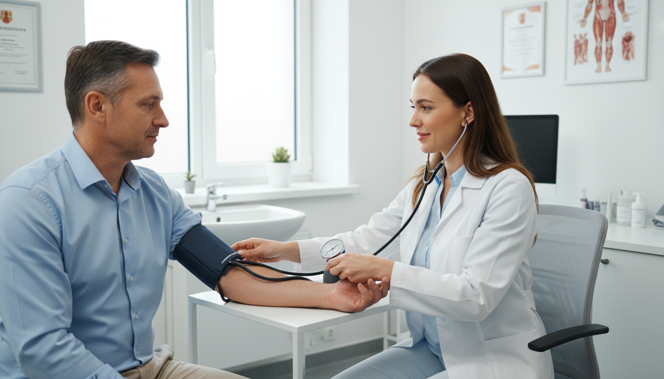 Врач в белом халате измеряет артериальное давление пациенту в медицинском кабинете