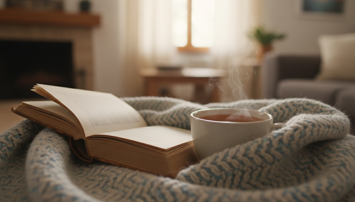 чашка чая рядом с раскрытой книгой, тёплый плед, размытый фон комнаты