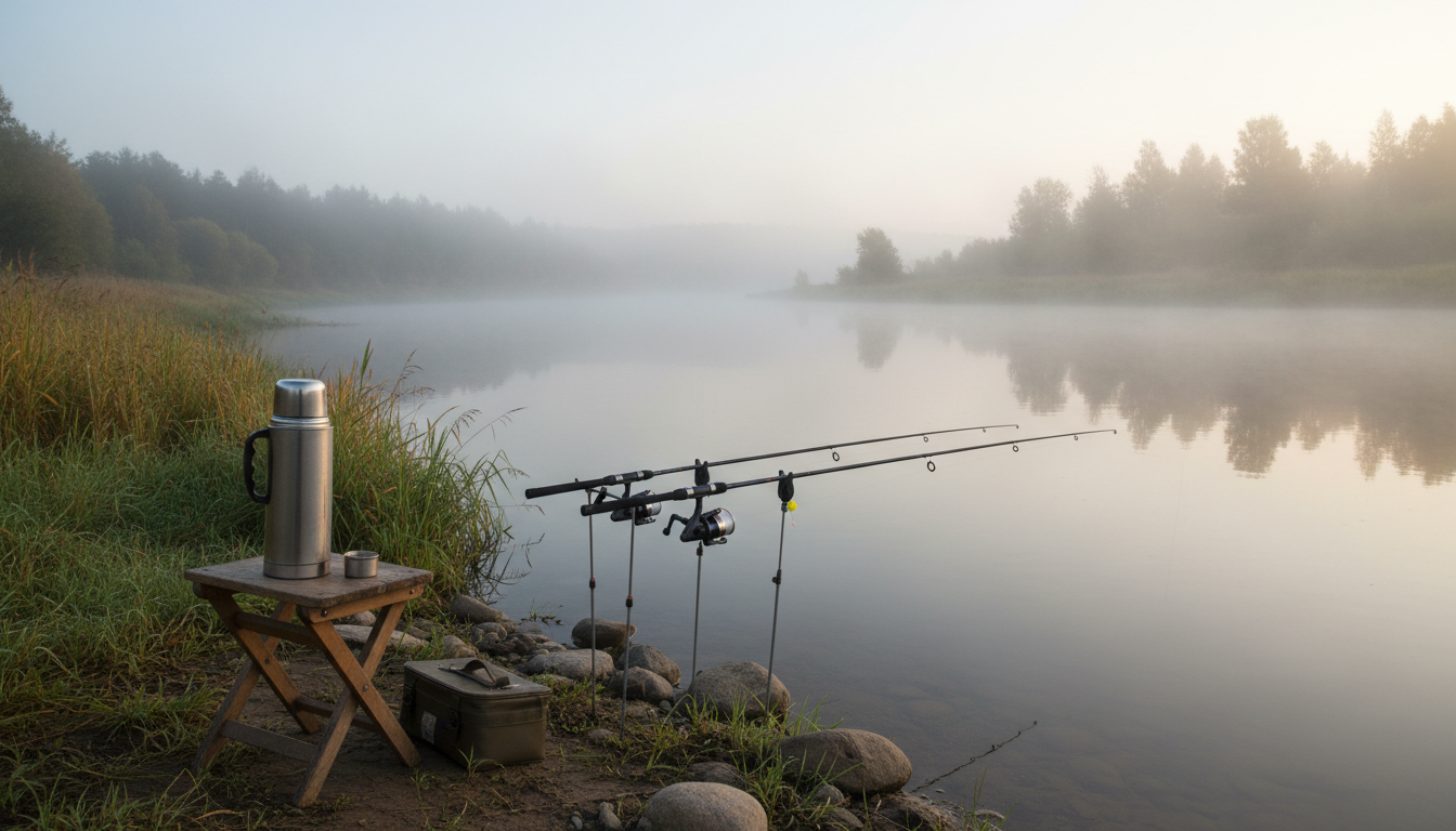Утренний туманный берег реки, удочки, термос, спокойная водная гладь