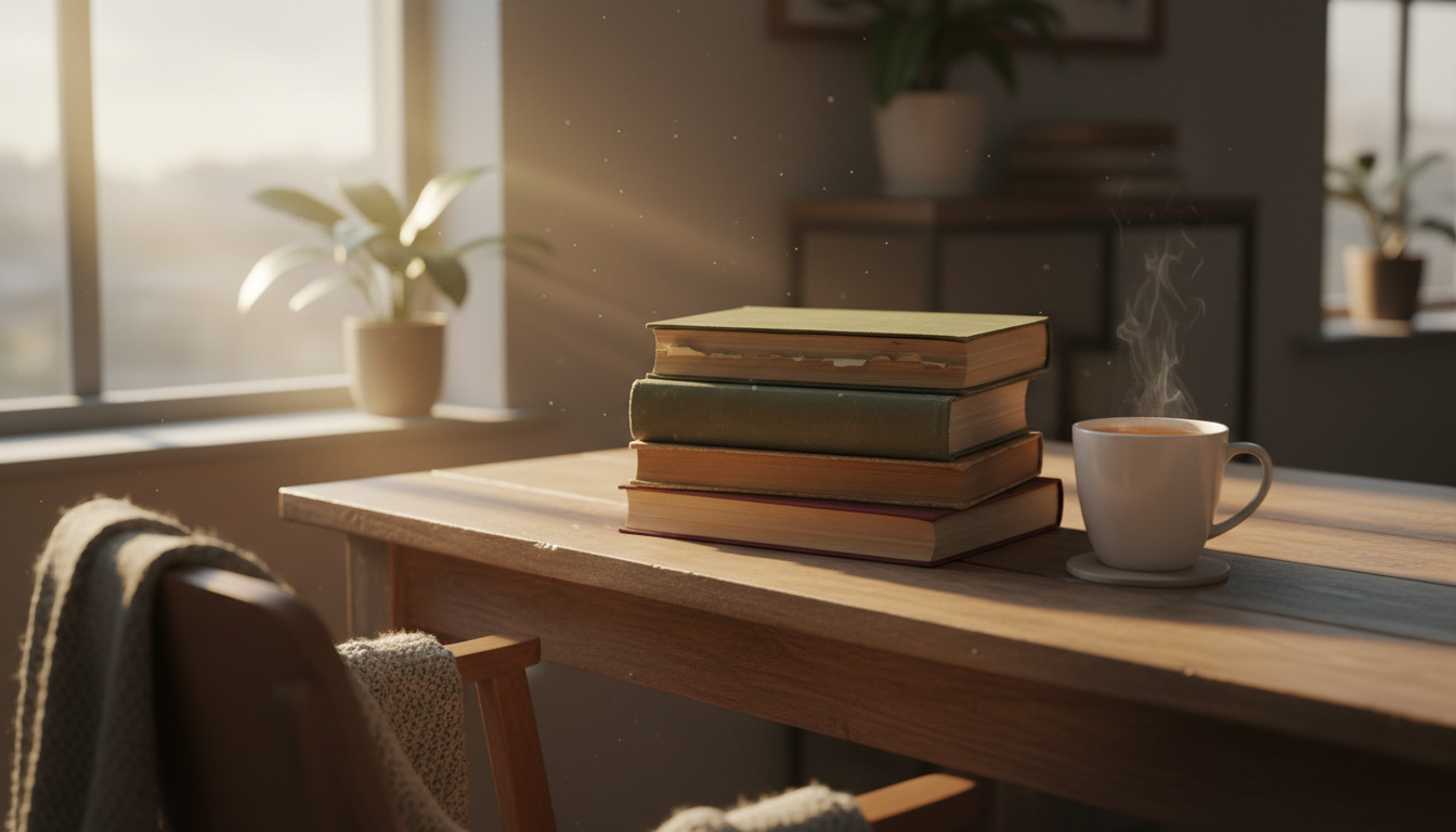 стопка книг на домашнем столе рядом с чашкой чая, тёплый вечерний свет