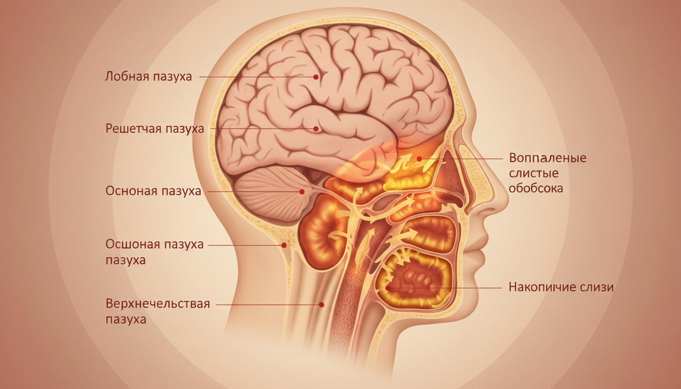 воспалённые носовые пазухи, анатомическая схема, тёплые медицинские тона
