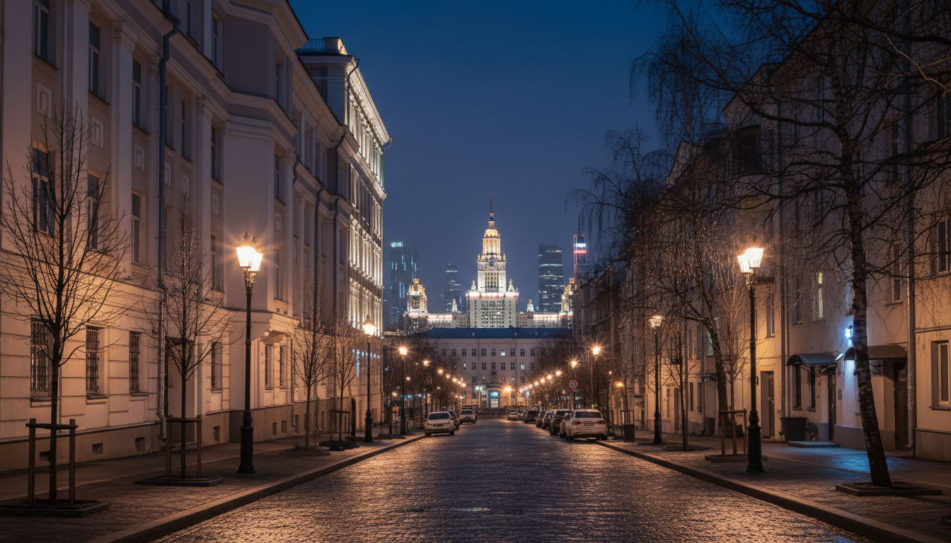 Ночной городской пейзаж Москвы, мягкие огни домов, тихая жилая улица