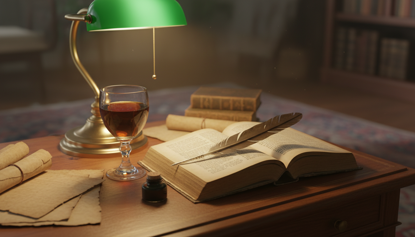 старинная раскрытая книга, бокал, перо, тёплый свет настольной лампы