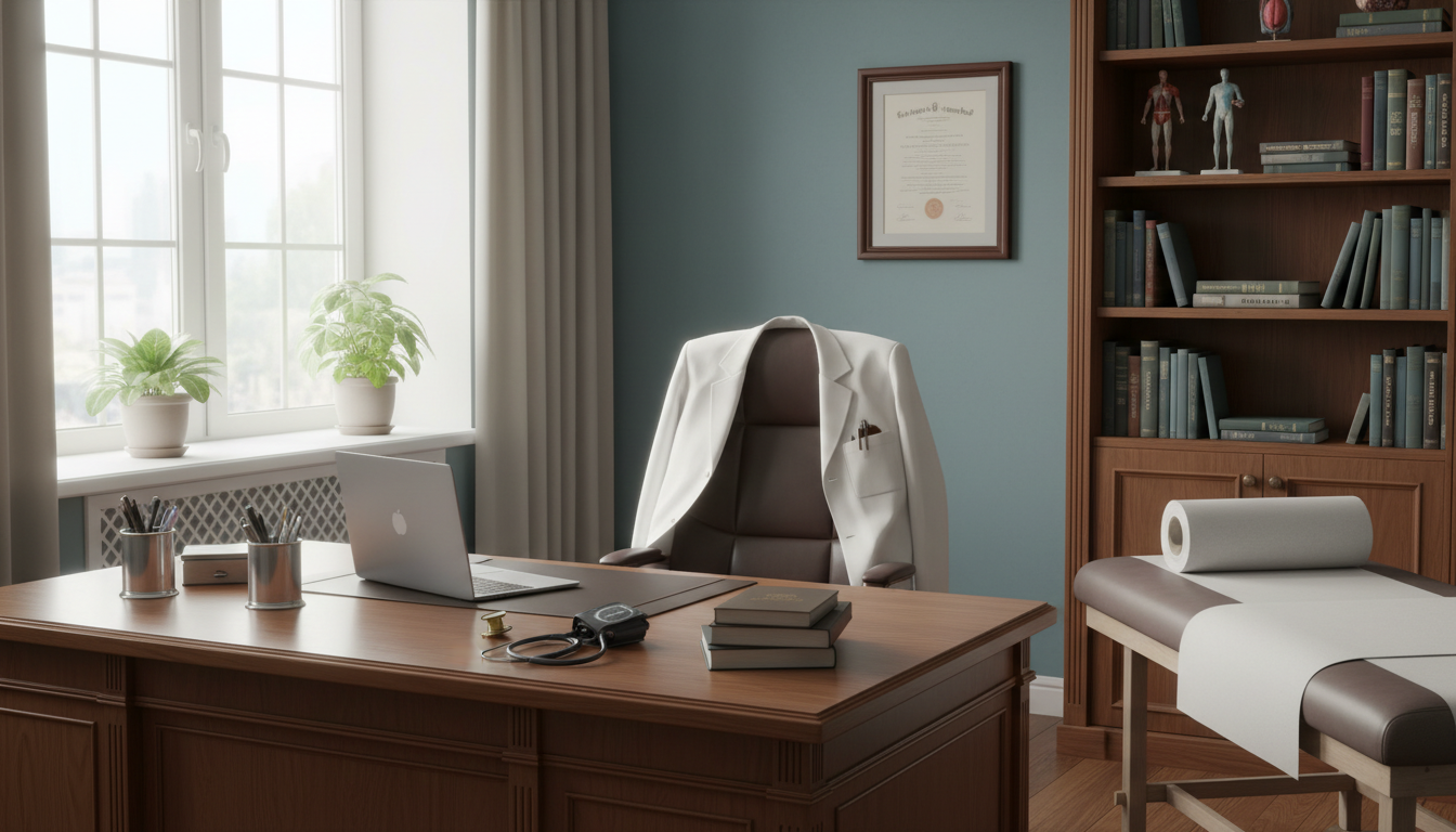 Спокойный рабочий кабинет врача, стол, медицинские принадлежности, мягкий дневной свет