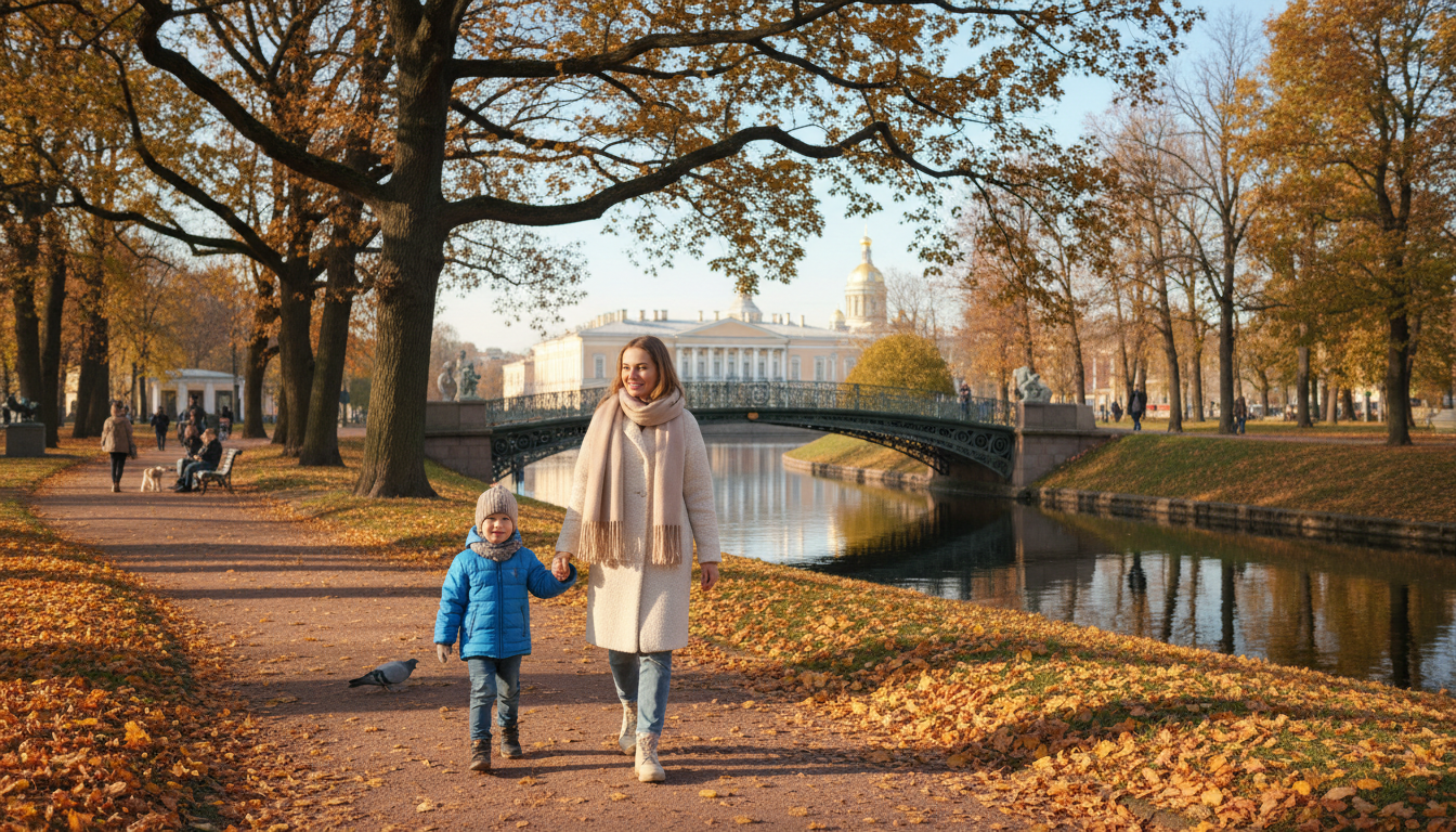 Мама и ребёнок на прогулке в парке, осенний Петербург, спокойная атмосфера, солнечный свет