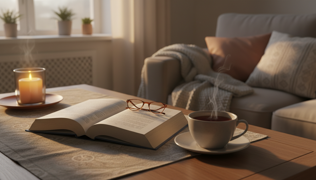 раскрытая книга на столе рядом с чашкой чая, мягкий вечерний свет, домашняя обстановка