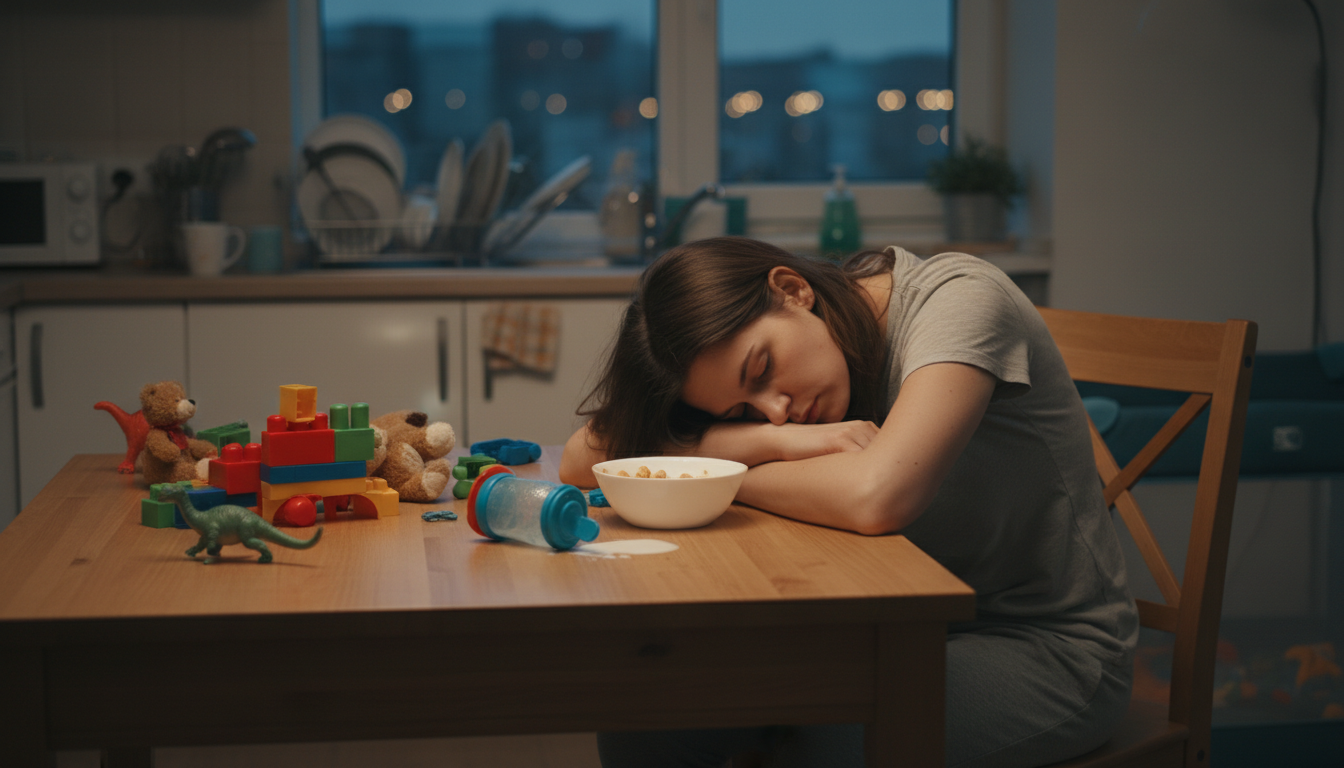 уставшая молодая мать на кухне, вечерний свет, детские игрушки на столе