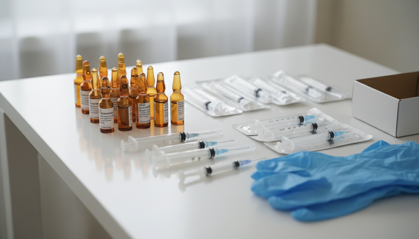 Разложенные медицинские ампулы витамины шприцы стерильные перчатки светлый стол