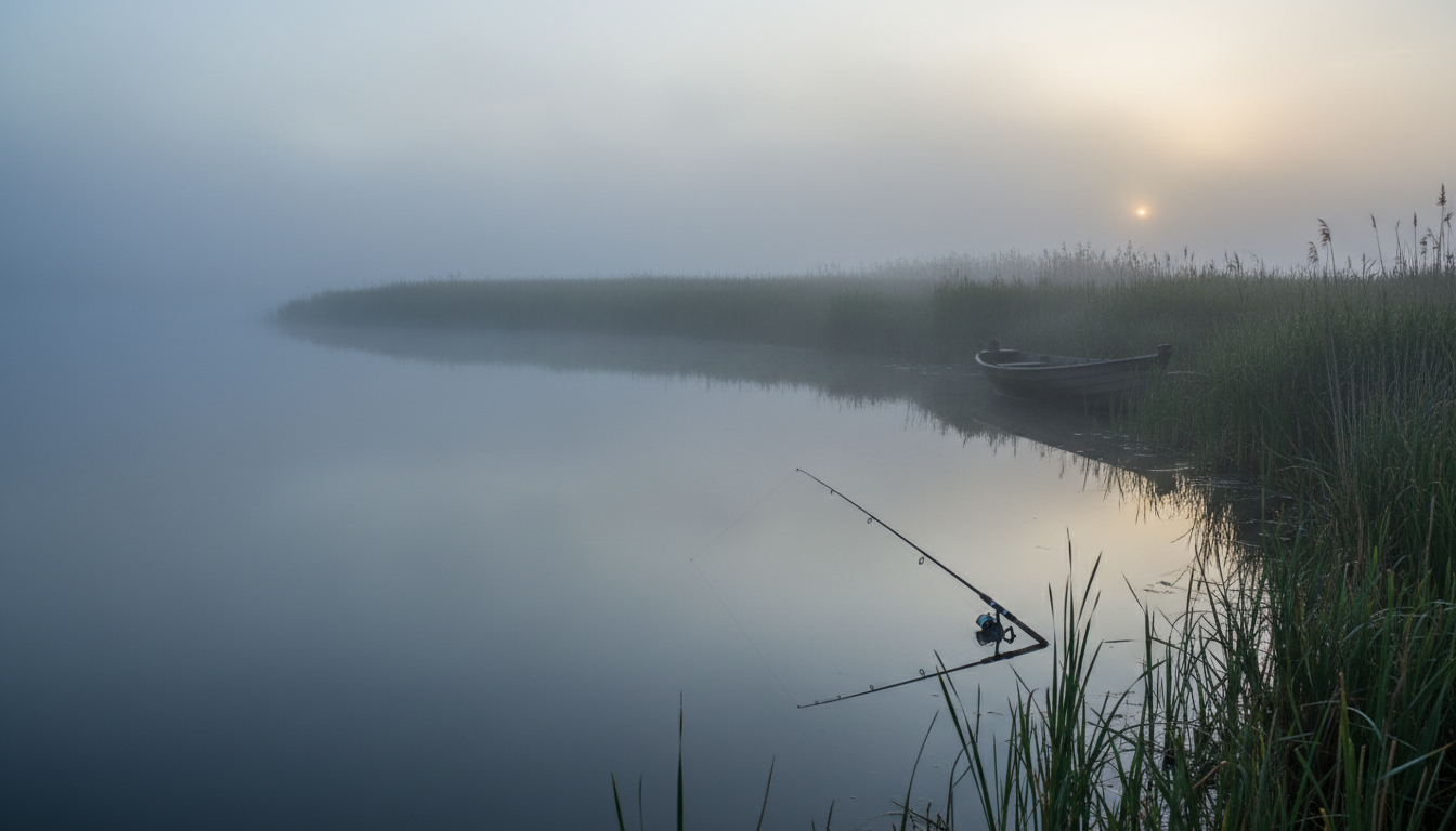 туманное утреннее озеро, удочка, спокойная водная гладь, прибрежные камыши