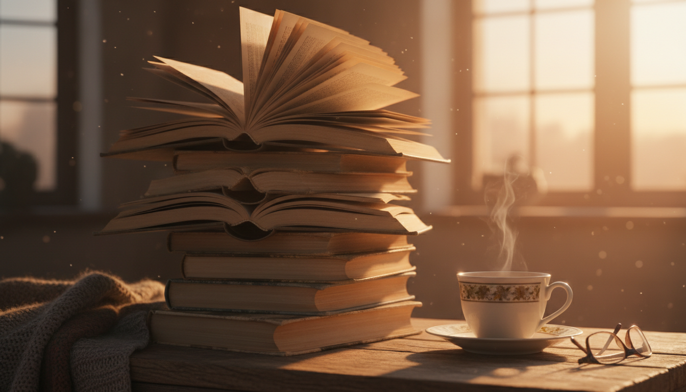Стопка раскрытых книг на столе рядом с чашкой чая, мягкий вечерний свет