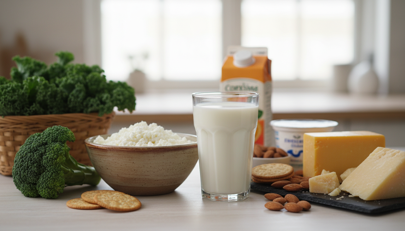 разнообразные продукты с кальцием, молоко, творог, зелёные овощи на светлом столе