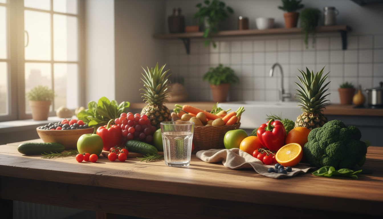 свежие овощи и фрукты на кухонном столе, стакан чистой воды, утренний свет