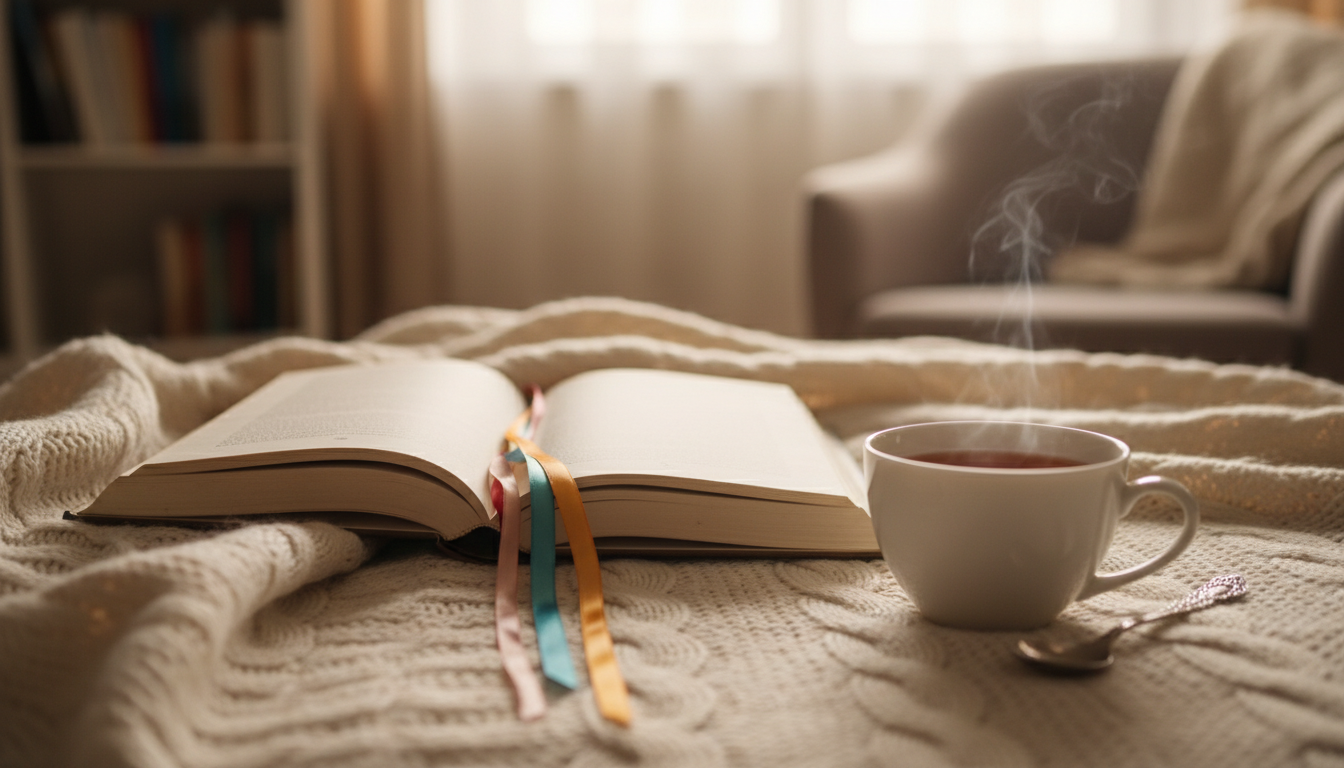 раскрытая книга с закладками на мягком пледе, рядом чашка чая, размытый задний фон комнаты