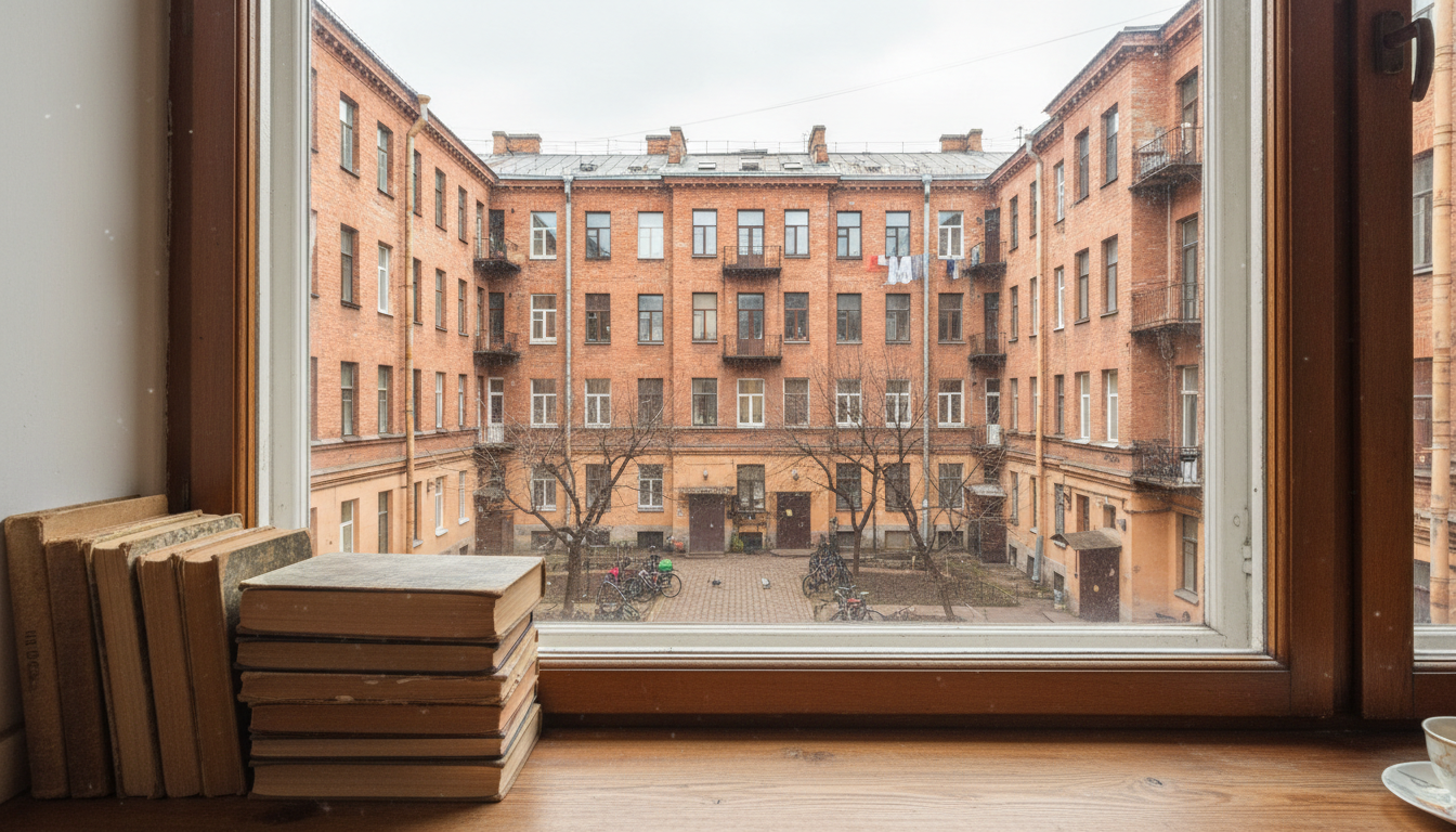 стопка книг на подоконнике, за окном петербургский двор, мягкий дневной свет