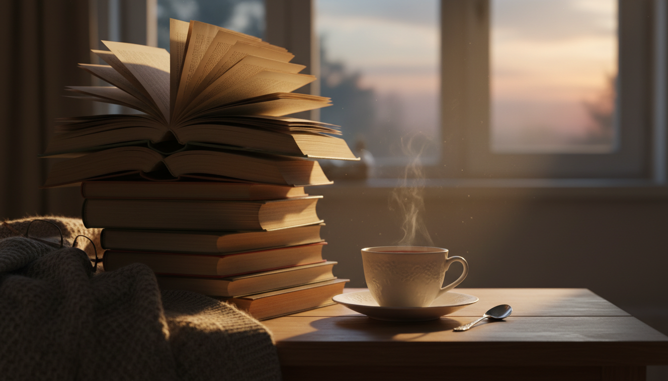 стопка раскрытых книг рядом с чашкой чая на домашнем столе, мягкий вечерний свет