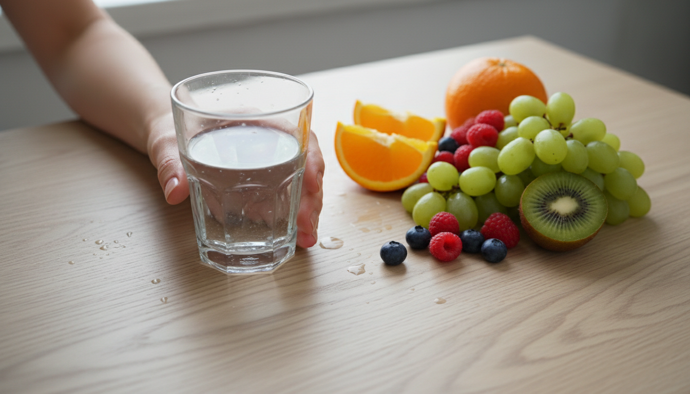 Женские руки, стеклянный стакан воды, свежие фрукты на светлом столе