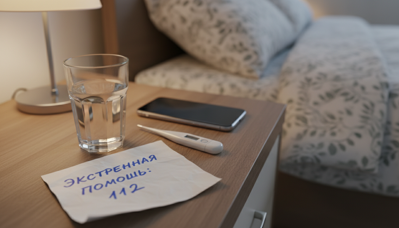 домашняя тумбочка, телефон, стакан воды, термометр, записка с номером экстренной помощи