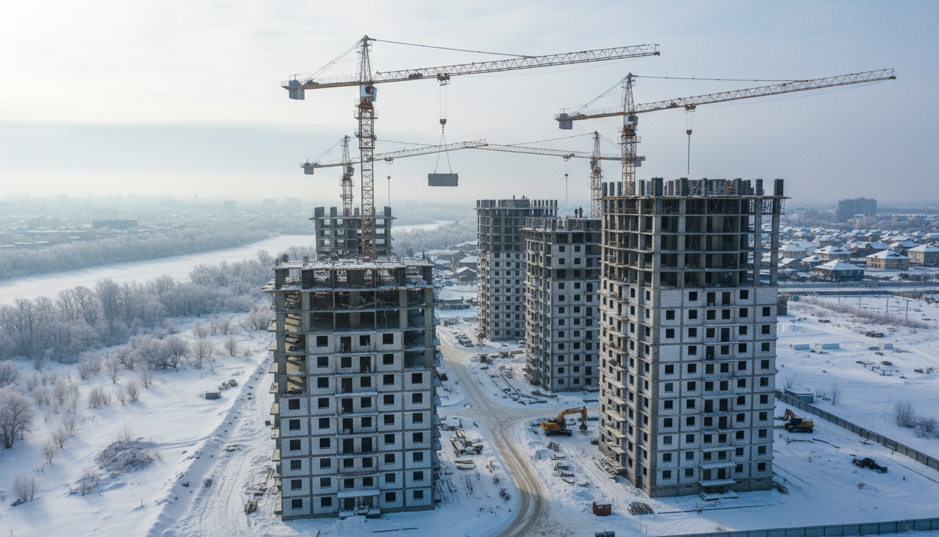 строительство новых жилых домов на окраине города, строительные краны, многоэтажные корпуса, зимний пейзаж