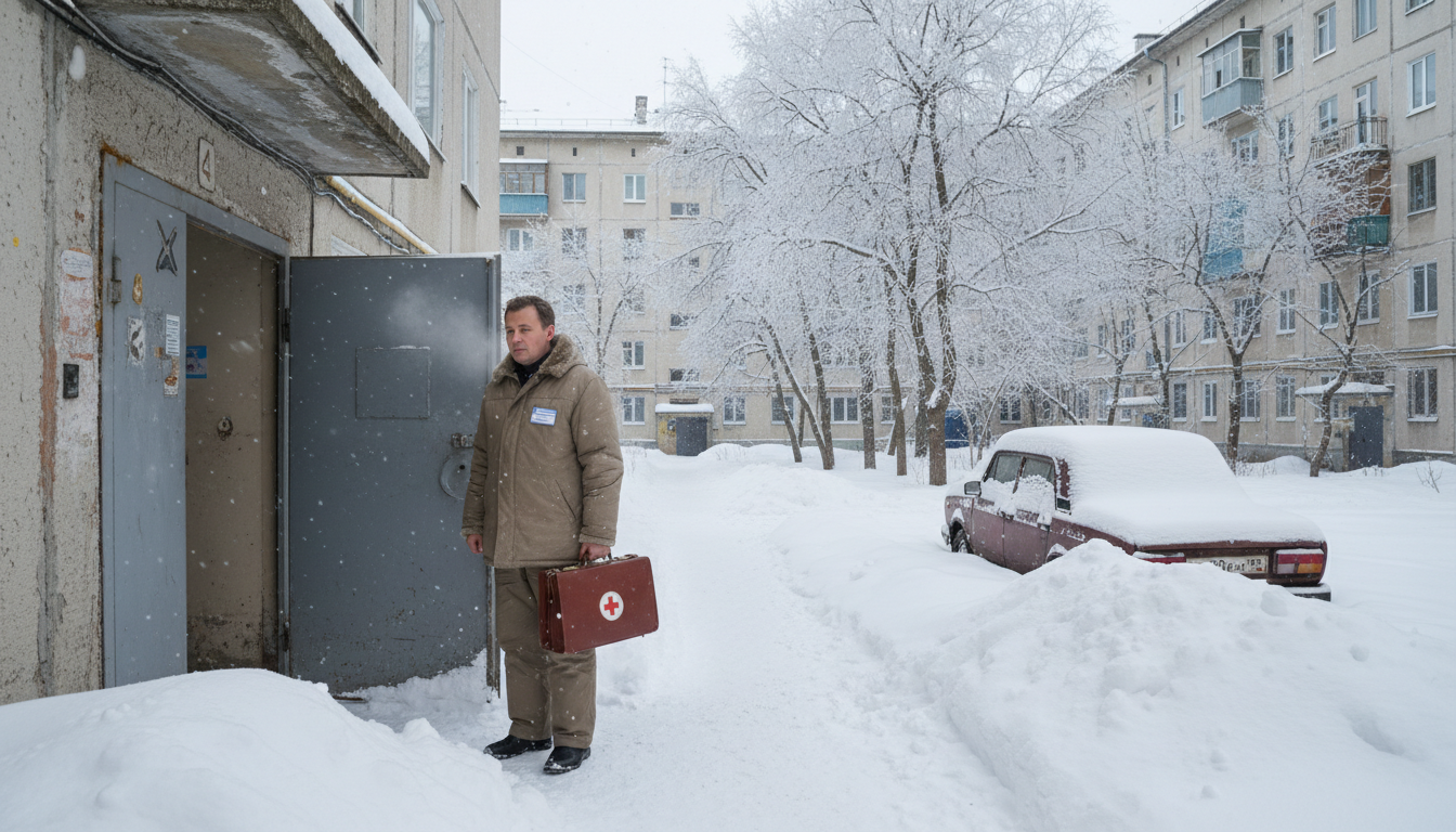 Врач-нарколог с медицинской сумкой у входной двери жилого дома, зимний уральский двор