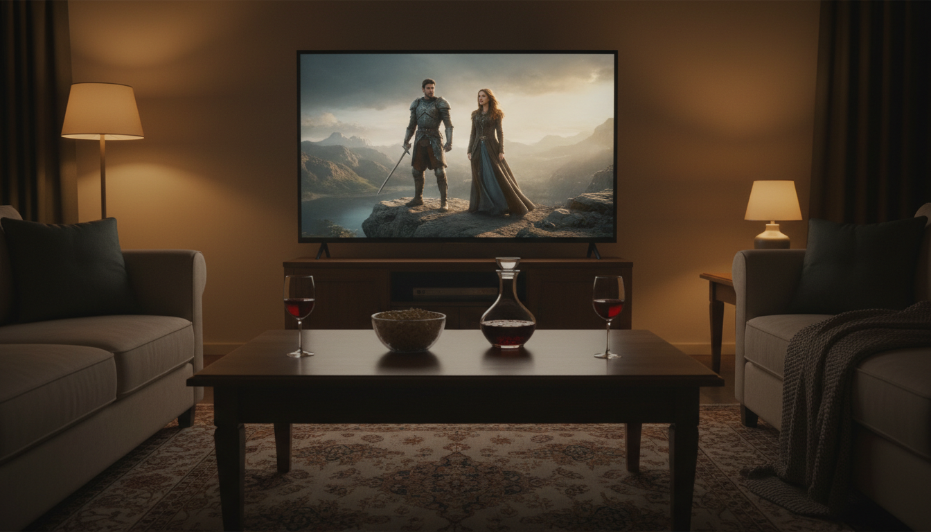 Телевизионный экран с сериальной сценой, бокалы, приглушённый свет гостиной