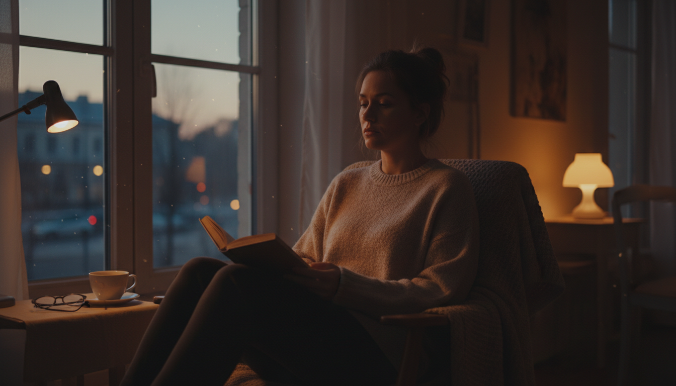 Уставшая женщина с книгой в руках сидит у окна, приглушённый свет вечерней комнаты