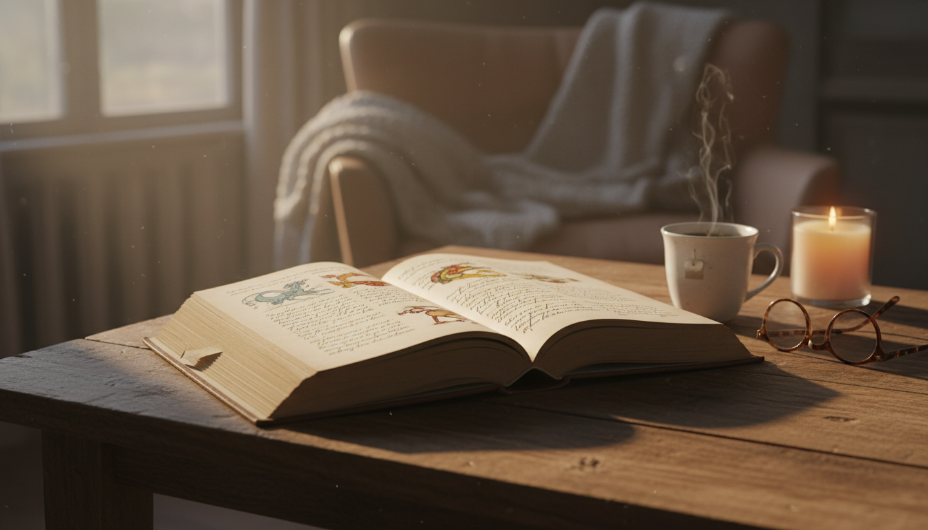 раскрытая книга на деревянном столе, мягкий вечерний свет, уютная домашняя обстановка