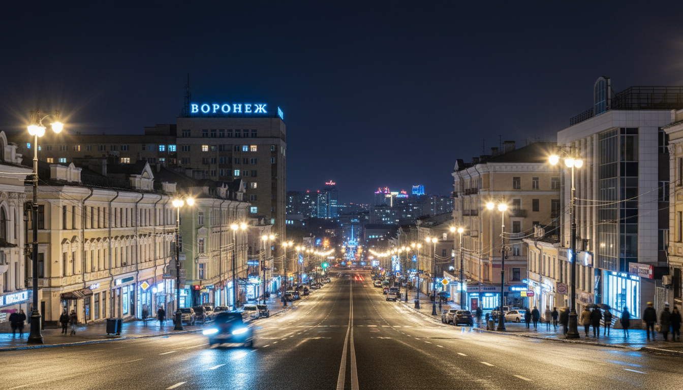 Ночной Воронеж, освещённая улица, движущийся автомобиль, городская застройка