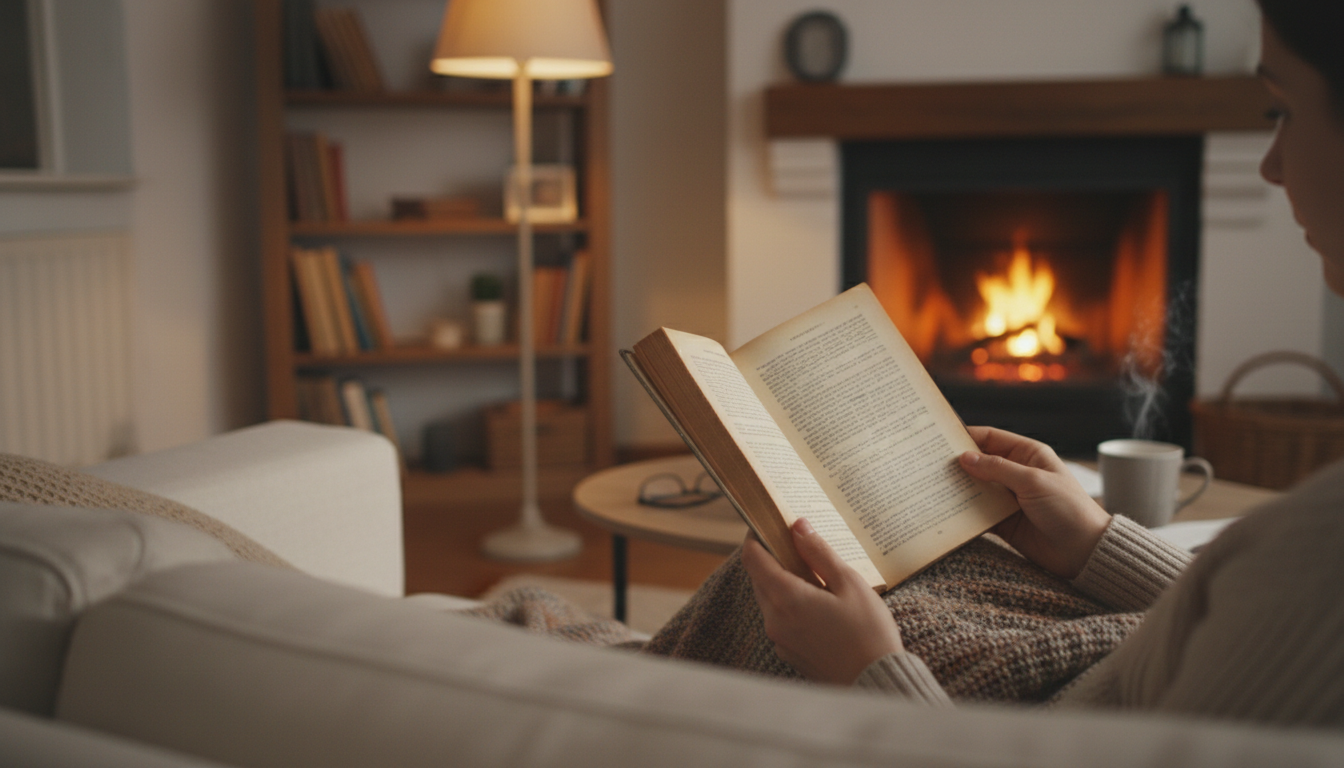 раскрытая книга в руках человека, сидящего на диване, тёплый домашний интерьер, мягкое освещение