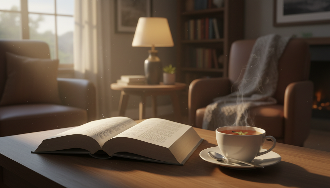 Раскрытая книга на столе, чашка чая, вечернее мягкое освещение комнаты
