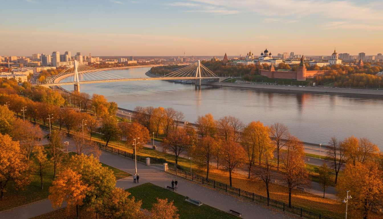 Городская панорама Нижнего Новгорода, осенняя набережная, пешеходный мост через Волгу