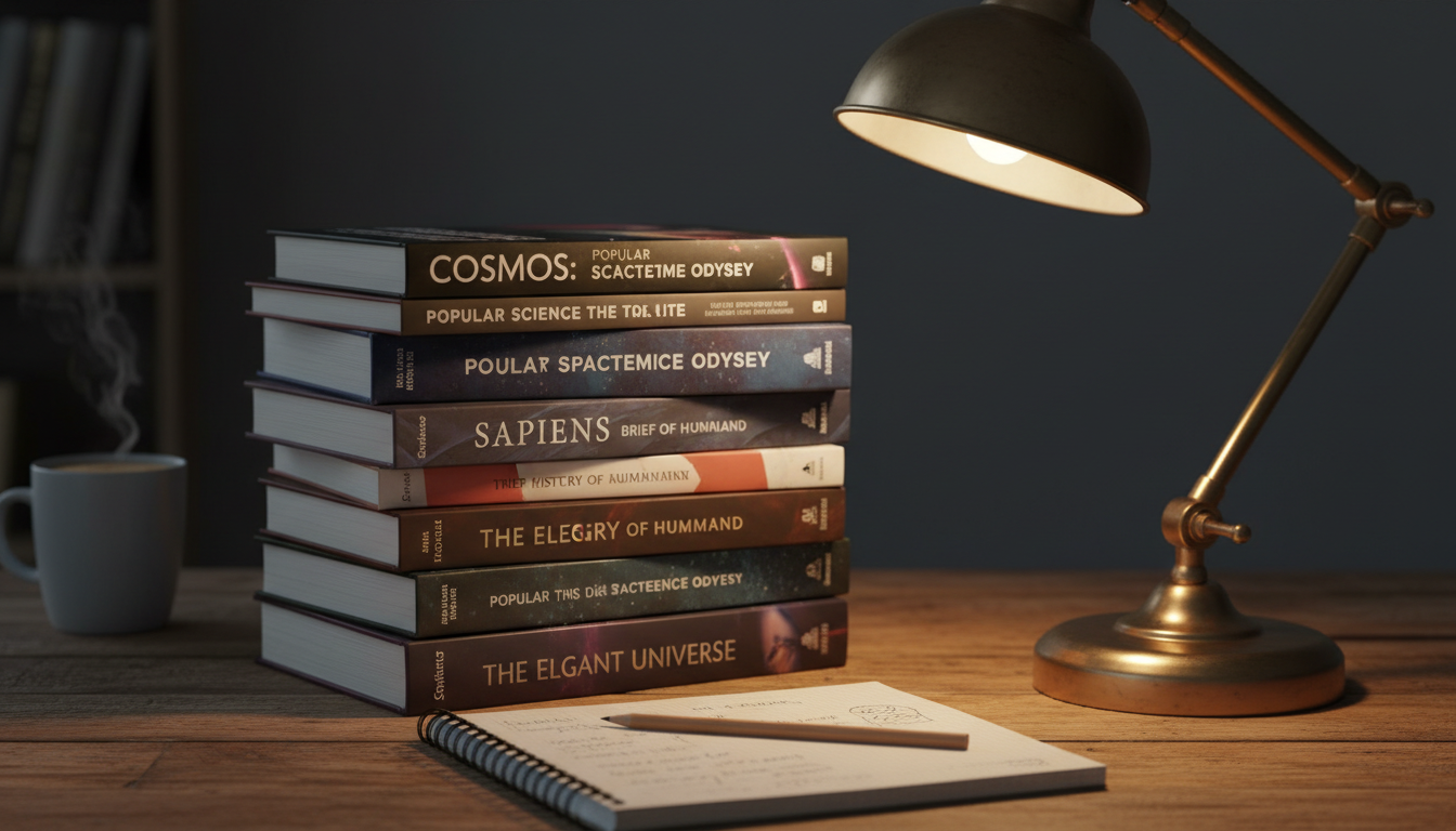 Стопка научно-популярных книг, блокнот, карандаш, настольная лампа